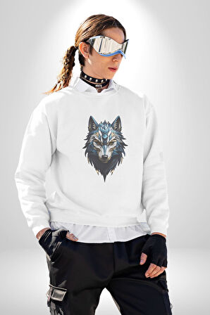 Mavi Kurt Robot  Kadın Erkek  Beyaz Baskılı Sweatshirt 