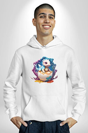 Sevimli Bebek Ejderha Elmas Yumurta Kadın Erkek  Beyaz Kapüşonlu Sweatshirt Hoodie