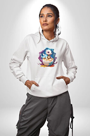 Sevimli Bebek Ejderha Elmas Yumurta Kadın Erkek  Beyaz Kapüşonlu Sweatshirt Hoodie