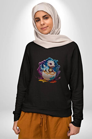 Sevimli Bebek Ejderha Elmas Yumurta Kadın Erkek  Siyah Baskılı Sweatshirt 