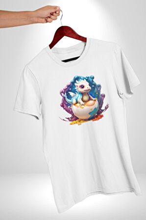 Sevimli Bebek Ejderha Elmas Yumurta Kadın Erkek Unisex Beyaz Organik Baskılı T-Shirt Penye Yüksek Kalite