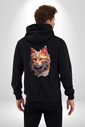 Hayvan Kedi Sanat Potre Kadın Erkek Siyah Renk Kapüşonlu Kanguru Cepli  Fermuarlı Pamuklu Oversize Dijital Baskılı Hırka Sweatshirt