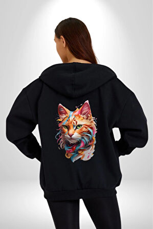 Hayvan Kedi Sanat Potre Kadın Erkek Siyah Renk Kapüşonlu Kanguru Cepli  Fermuarlı Pamuklu Oversize Dijital Baskılı Hırka Sweatshirt
