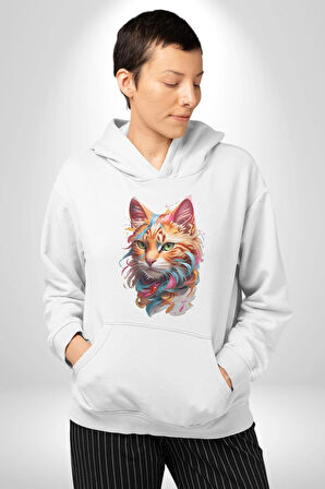 Hayvan Kedi Sanat Potre Kadın Erkek  Beyaz Kapüşonlu Sweatshirt Hoodie