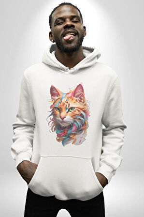 Hayvan Kedi Sanat Potre Kadın Erkek  Beyaz Kapüşonlu Sweatshirt Hoodie
