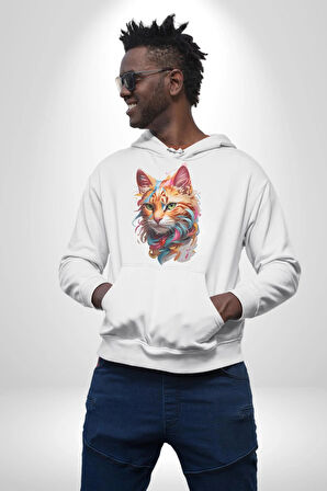 Hayvan Kedi Sanat Potre Kadın Erkek  Beyaz Kapüşonlu Sweatshirt Hoodie