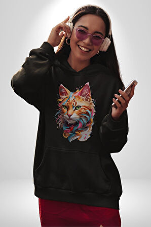 Hayvan Kedi Sanat Potre Kadın Erkek  Siyah Kapüşonlu Sweatshirt Hoodie