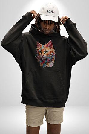 Hayvan Kedi Sanat Potre Kadın Erkek  Siyah Kapüşonlu Sweatshirt Hoodie