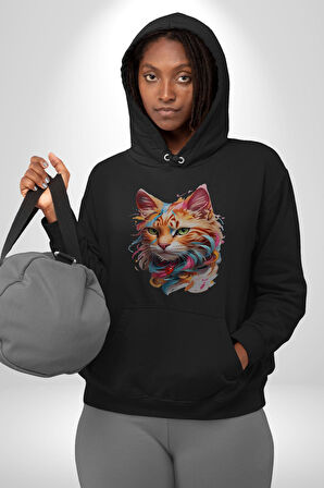 Hayvan Kedi Sanat Potre Kadın Erkek  Siyah Kapüşonlu Sweatshirt Hoodie