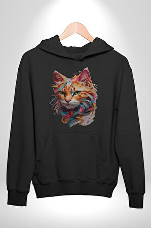 Hayvan Kedi Sanat Potre Kadın Erkek  Siyah Kapüşonlu Sweatshirt Hoodie