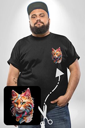 Hayvan Kedi Sanat Potre Siyah Büyük Beden Kadın Basic Minimal Baskılı Tişört
