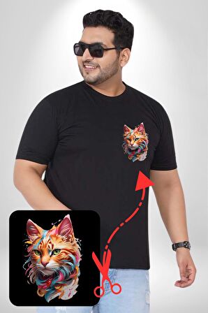Hayvan Kedi Sanat Potre Siyah Büyük Beden Kadın Basic Minimal Baskılı Tişört