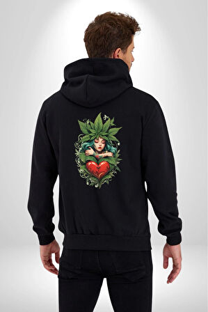 Kalp Parmak Kız Yeşillik Mutluluk Kadın Erkek Siyah Renk Kapüşonlu Kanguru Cepli  Fermuarlı Pamuklu Oversize Dijital Baskılı Hırka Sweatshirt