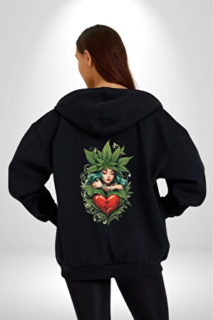 Kalp Parmak Kız Yeşillik Mutluluk Kadın Erkek Siyah Renk Kapüşonlu Kanguru Cepli  Fermuarlı Pamuklu Oversize Dijital Baskılı Hırka Sweatshirt