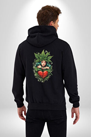 Kalp Parmak Kız Yeşillik Mutluluk Kadın Erkek Siyah Renk Kapüşonlu Kanguru Cepli  Fermuarlı Pamuklu Oversize Dijital Baskılı Hırka Sweatshirt