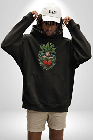 Kalp Parmak Kız Yeşillik Mutluluk Kadın Erkek  Siyah Kapüşonlu Sweatshirt Hoodie