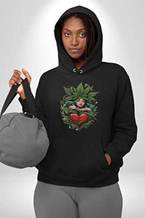 Kalp Parmak Kız Yeşillik Mutluluk Kadın Erkek  Siyah Kapüşonlu Sweatshirt Hoodie