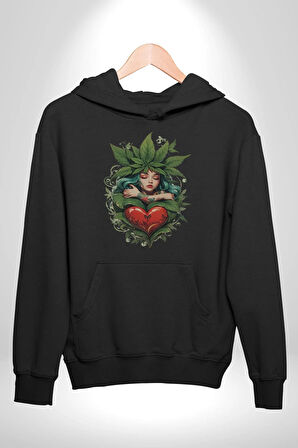 Kalp Parmak Kız Yeşillik Mutluluk Kadın Erkek  Siyah Kapüşonlu Sweatshirt Hoodie