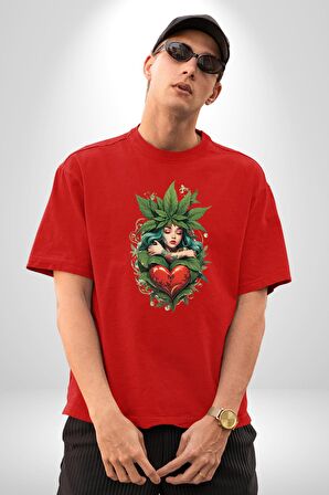 Kalp Parmak Kız Yeşillik Mutluluk Pamuklu Bisiklet Yaka Kadın Erkek Oversize Boyfriend Dijital Baskılı Kırmızı T-Shirt
