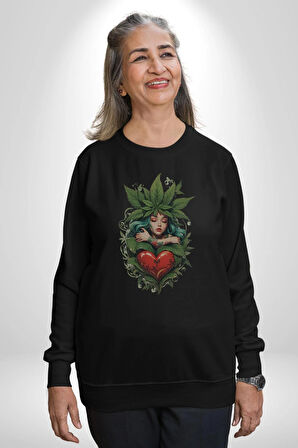 Kalp Parmak Kız Yeşillik Mutluluk Kadın Erkek  Siyah Baskılı Sweatshirt 