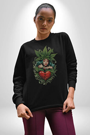 Kalp Parmak Kız Yeşillik Mutluluk Kadın Erkek  Siyah Baskılı Sweatshirt 