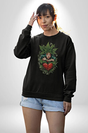 Kalp Parmak Kız Yeşillik Mutluluk Kadın Erkek  Siyah Baskılı Sweatshirt 