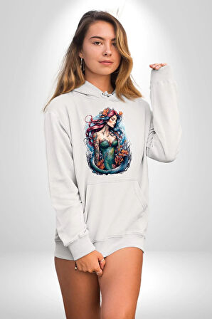 Deniz Kızı Çiçek  Kadın Erkek  Beyaz Kapüşonlu Sweatshirt Hoodie