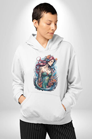 Deniz Kızı Çiçek  Kadın Erkek  Beyaz Kapüşonlu Sweatshirt Hoodie