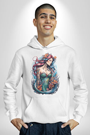 Deniz Kızı Çiçek  Kadın Erkek  Beyaz Kapüşonlu Sweatshirt Hoodie