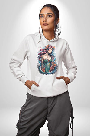 Deniz Kızı Çiçek  Kadın Erkek  Beyaz Kapüşonlu Sweatshirt Hoodie