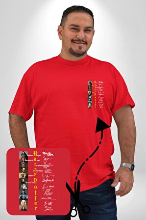 Harry Potter Kahramanları İmzaları Kırmızı Büyük Beden Kadın Basic Minimal Baskılı Tişört