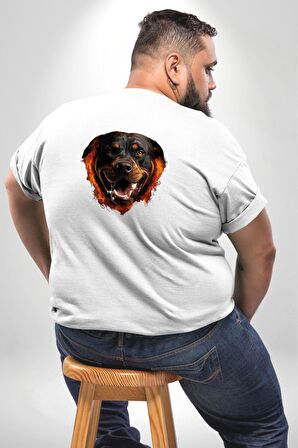 Rottweiler Ateşli Kafası Koca Kafa Büyük Beden Beyaz Tişört Kadın Erkek Ünisex Sırt Baskılı