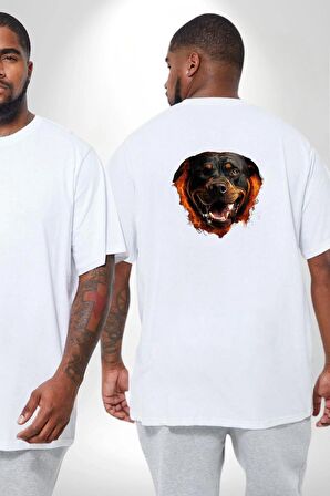 Rottweiler Ateşli Kafası Koca Kafa Büyük Beden Beyaz Tişört Kadın Erkek Ünisex Sırt Baskılı