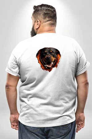 Rottweiler Ateşli Kafası Koca Kafa Büyük Beden Beyaz Tişört Kadın Erkek Ünisex Sırt Baskılı
