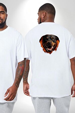 Rottweiler Ateşli Kafası Koca Kafa Büyük Beden Beyaz Tişört Kadın Erkek Ünisex Sırt Baskılı