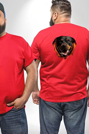 Rottweiler Ateşli Kafası Koca Kafa Büyük Beden Kırmızı Tişört Kadın Erkek Ünisex Sırt Baskılı