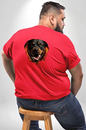 Rottweiler Ateşli Kafası Koca Kafa Büyük Beden Kırmızı Tişört Kadın Erkek Ünisex Sırt Baskılı