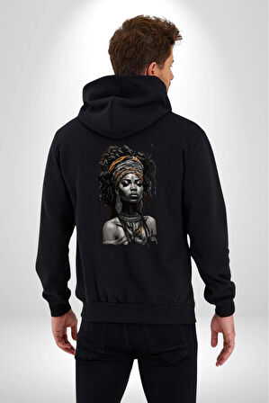 Afrikalı  Kadın Sanat Siyahi  Kadın Erkek Siyah Renk Kapüşonlu Kanguru Cepli  Fermuarlı Pamuklu Oversize Dijital Baskılı Hırka Sweatshirt