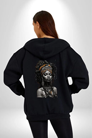 Afrikalı  Kadın Sanat Siyahi  Kadın Erkek Siyah Renk Kapüşonlu Kanguru Cepli  Fermuarlı Pamuklu Oversize Dijital Baskılı Hırka Sweatshirt