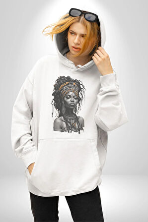 Afrikalı Kadın Sanat Siyahi  Kadın Erkek  Beyaz Kapüşonlu Sweatshirt Hoodie