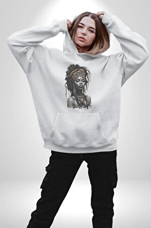 Afrikalı Kadın Sanat Siyahi  Kadın Erkek  Beyaz Kapüşonlu Sweatshirt Hoodie