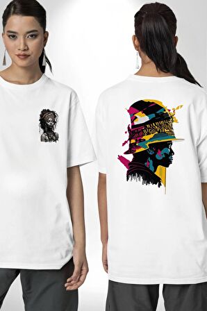 Afrikalı Kadın Sanat Siyahi  Beyaz Oversize Kadın Erkek Ön ve Sırt Baskılı Tişört