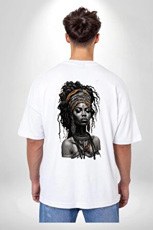 Afrikalı Kadın Sanat Siyahi  Beyaz Oversize Kadın Erkek Ön ve Sırt Baskılı Tişört