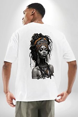 Afrikalı Kadın Sanat Siyahi  Beyaz Oversize Kadın Erkek Ön ve Sırt Baskılı Tişört