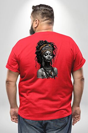 Afrikalı Kadın Sanat Kırmızıi  Büyük Beden Kırmızı Tişört Kadın Erkek Ünisex Sırt Baskılı