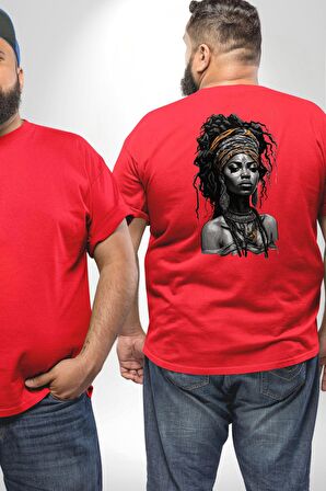 Afrikalı Kadın Sanat Kırmızıi  Büyük Beden Kırmızı Tişört Kadın Erkek Ünisex Sırt Baskılı
