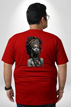 Afrikalı Kadın Sanat Kırmızıi  Büyük Beden Kırmızı Tişört Kadın Erkek Ünisex Sırt Baskılı