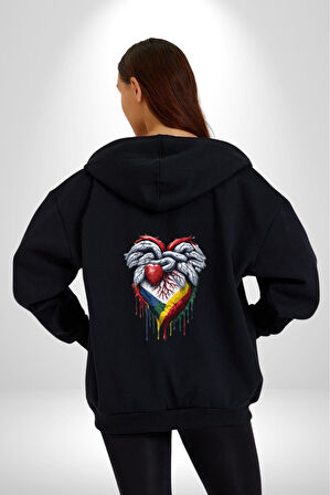 Kalp Damar Renkli Boyalı Kadın Erkek Siyah Renk Kapüşonlu Kanguru Cepli  Fermuarlı Pamuklu Oversize Dijital Baskılı Hırka Sweatshirt