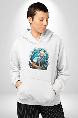 Beyaz Kurt Altın Maske Doğa  Kadın Erkek  Beyaz Kapüşonlu Sweatshirt Hoodie