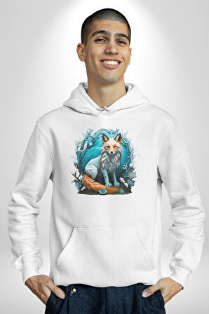 Beyaz Kurt Altın Maske Doğa  Kadın Erkek  Beyaz Kapüşonlu Sweatshirt Hoodie